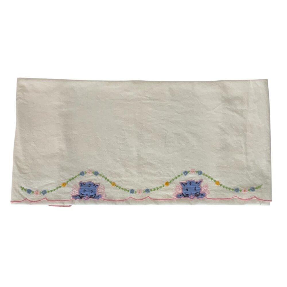Embroidered Tablecloth Runner Blue Cats Kittens Floral Garland Scalloped Edges